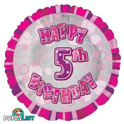 Glitz Pink 5th Birthday Round 45cm (18) Foil Balloon Packaged - 011179556359