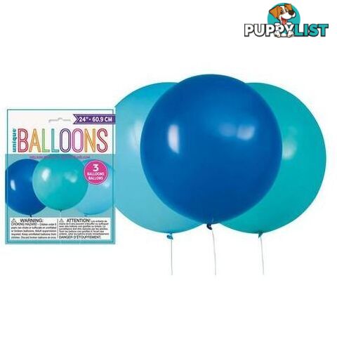 3 x Teal & Blue Assorted 60.9cm (24) Latex Balloons - 011179545827