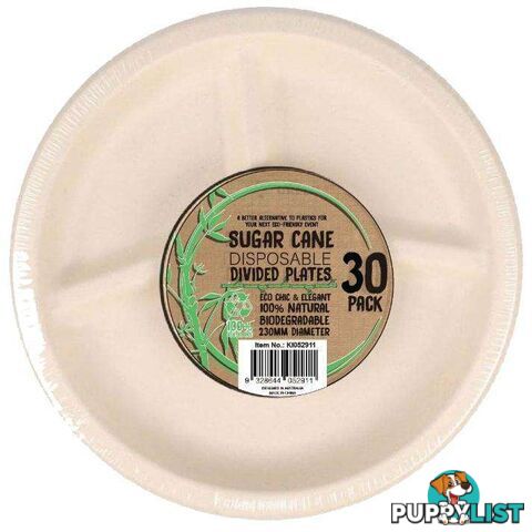 Sugar Cane Party Disposable Dinner Plates 3 Divisions 30 Pack - 9328644052911