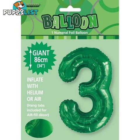 Emerald Green 3 Numeral Foil Balloon 86cm (34) - 9311965506836