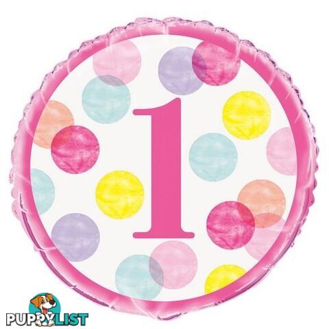 1st Birthday Dots Pink 45cm (18) Foil Balloon Packaged - 011179732975