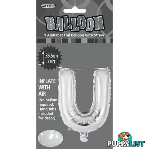 Silver U Alphabet Foil Balloon 35cm (14) - 9311965447009