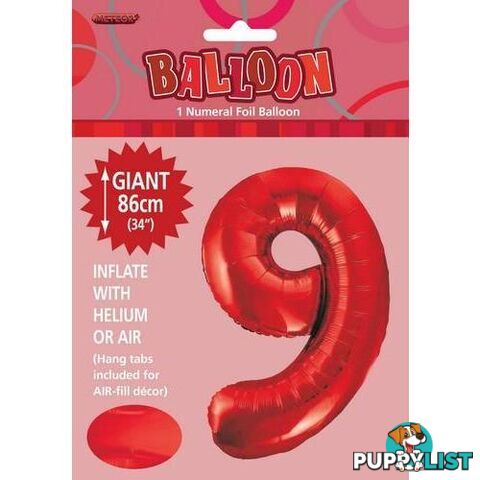 Red 9 Numeral Foil Balloon 86cm (34) - 9311965506096