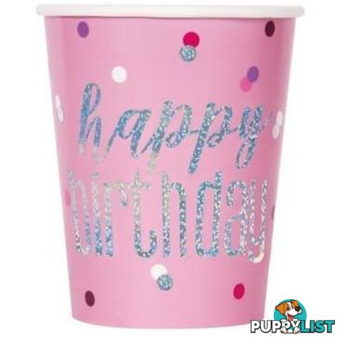 Pink Happy Birthday 8 x 270mL (9oz) Prismatic Paper Cups - 011179836062