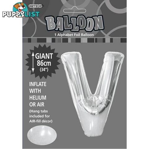 Silver V Alphabet Foil Balloon 86cm (34) - 9311965483618