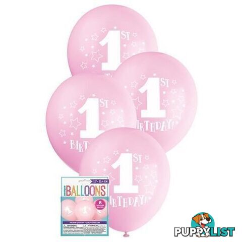 1st Birthday Stars 8 x 30cm (12) Balloons - Pink - 011179549221