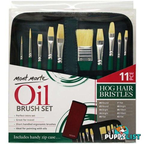 Mont Marte Hog Hair Bristles Brush Set For Oil in Wallet 11pcs - 9328577032035