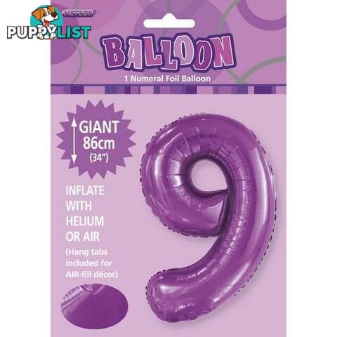 Pretty Purple 9 Numeral Foil Balloon 86cm (34) - 9311965506294