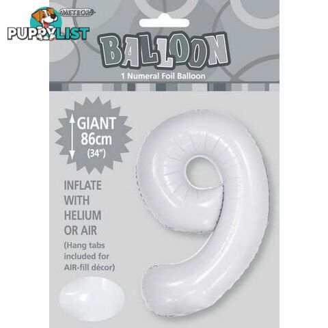 White 9 Numeral Foil Balloon 86cm (34) - 9311965506799