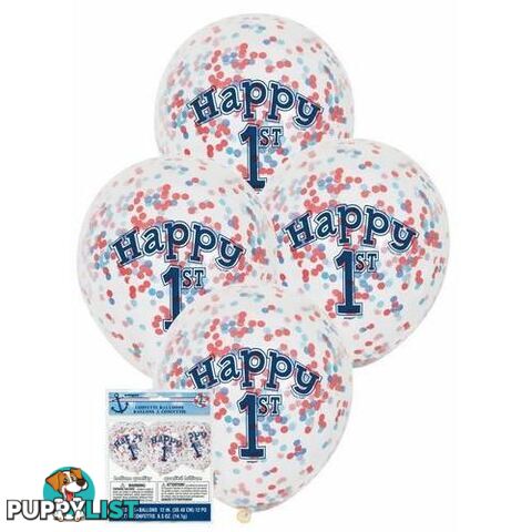 Nautical 1st Birthday 6 x 30cm (12) Clear Balloons With Blue & Red Confetti - 011179581856