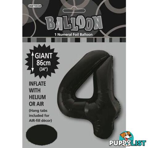 Black 4 Numeral Foil Balloon 86cm (34) - 9311965483045