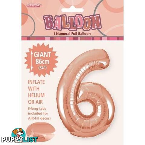 Rose Gold 6 Numeral Foil Balloon 86cm (34) - 9311965506461