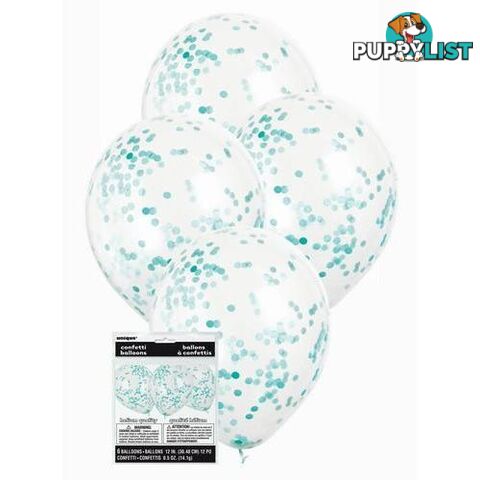 6 x 30cm (12) Clear Balloons With Caribbean Teal Confetti - 011179581085