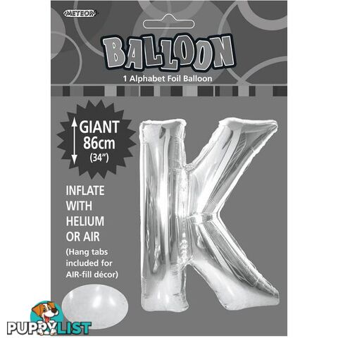 Silver K Alphabet Foil Balloon 86cm (34) - 9311965483502