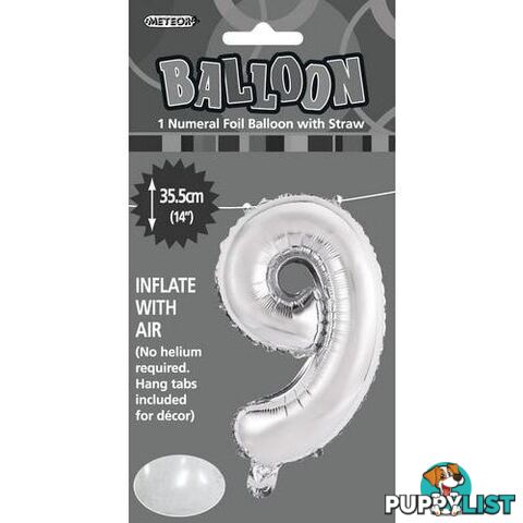 Silver 9 Numeral Foil Balloon 35cm (14) - 9311965428893