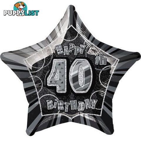 Glitz Black And Silver 40th Birthday Star 50cm (20) Foil Balloon Packaged - 011179551514