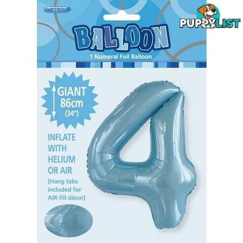 Powder Blue 4 Numeral Foil Balloon 86cm (34) - 9311965506645