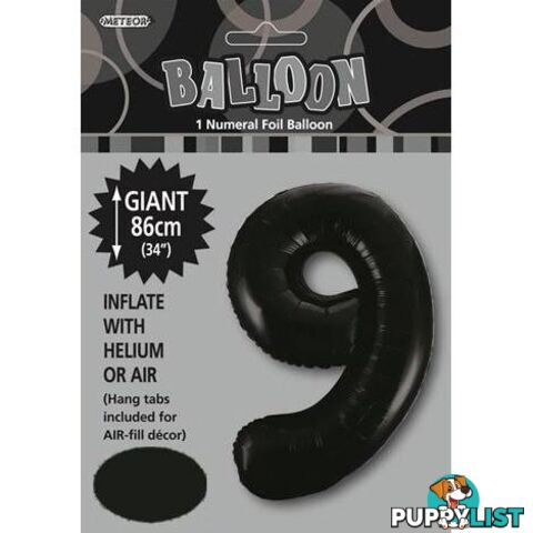 Black 9 Numeral Foil Balloon 86cm (34) - 9311965483090