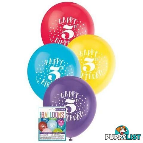 Happy 5th Birthday 8 x 30cm (12) Balloons - Assorted Colours - 011179549351