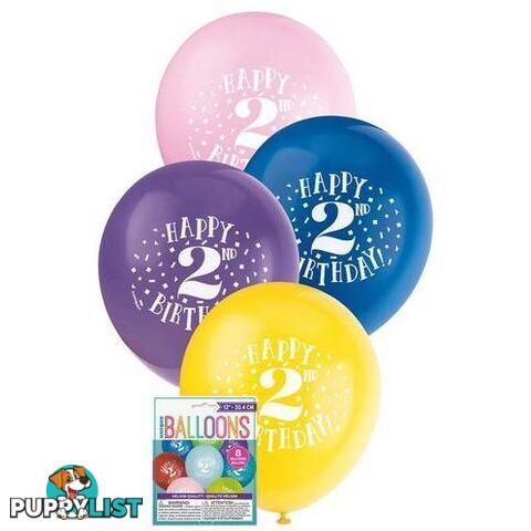 Happy 2nd Birthday 8 x 30cm (12) Balloons - Assorted Colours - 011179549320