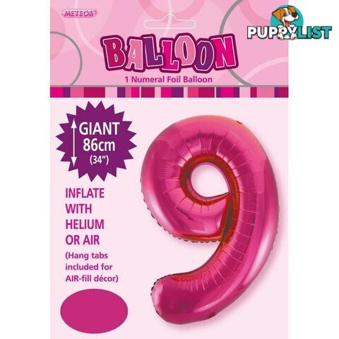 Hot Pink 9 Numeral Foil Balloon 86cm (34) - 9311965483298