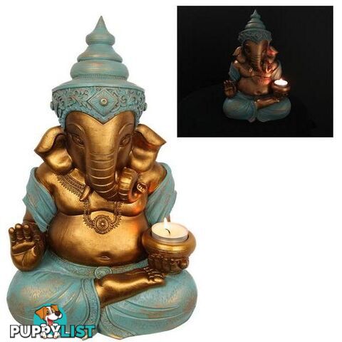 Gold Sitting Ganesh With Tealight Holder 31cm - 9319844620840