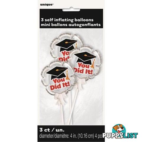 Graduation You Did It 3 Self Inflating Mini Foil Balloons 10.16cm (4) Packaged - 011179627240