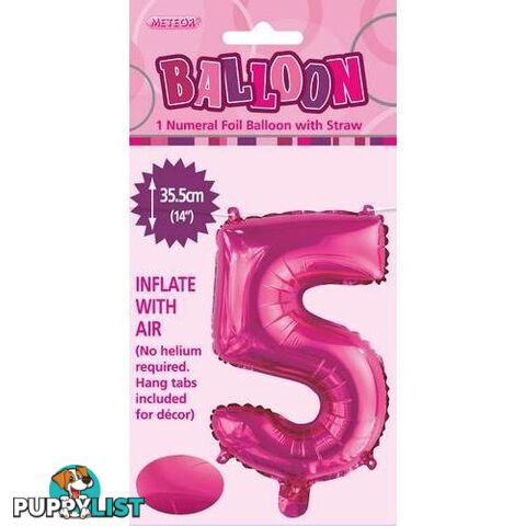 Hot Pink 5 Numeral Foil Balloon 35cm (14) - 9311965429050