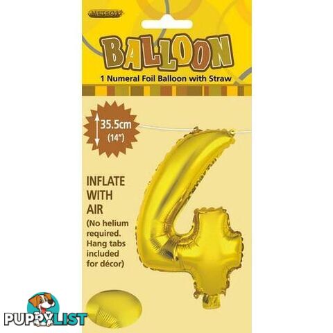 Gold 4 Numeral Foil Balloon 35cm (14) - 9311965428947