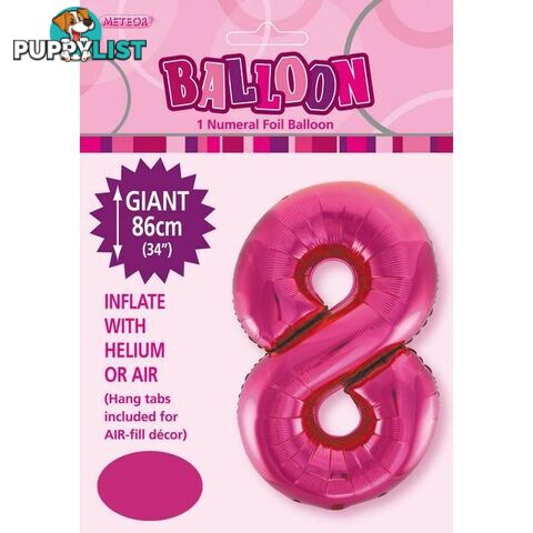 Hot Pink 8 Numeral Foil Balloon 86cm (34) - 9311965483281