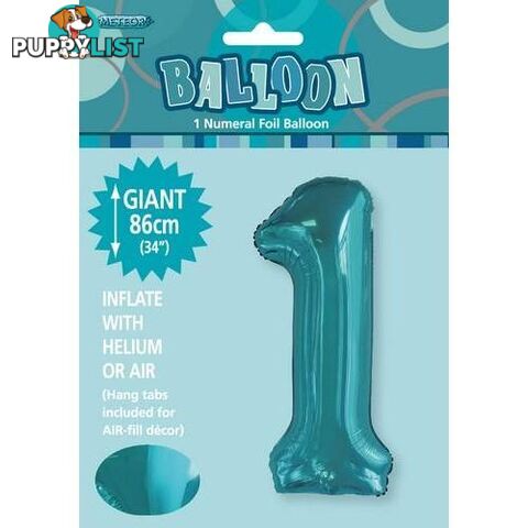 Caribbean Teal 1 Numeral Foil Balloon 86cm (34) - 9311965506317