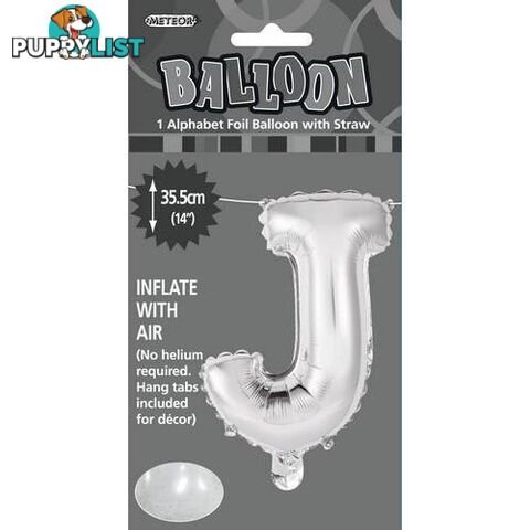 Silver J Alphabet Foil Balloon 35cm (14) - 9311965446897