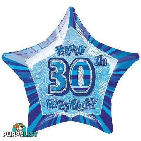 Glitz Blue 30th Birthday Star 50cm (20) Foil Balloon Packaged - 011179551293