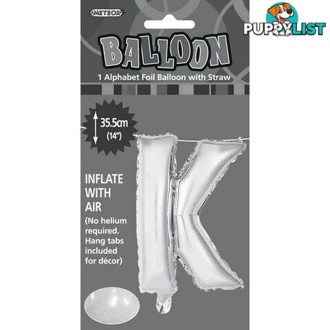 Silver K Alphabet Foil Balloon 35cm (14) - 9311965446903