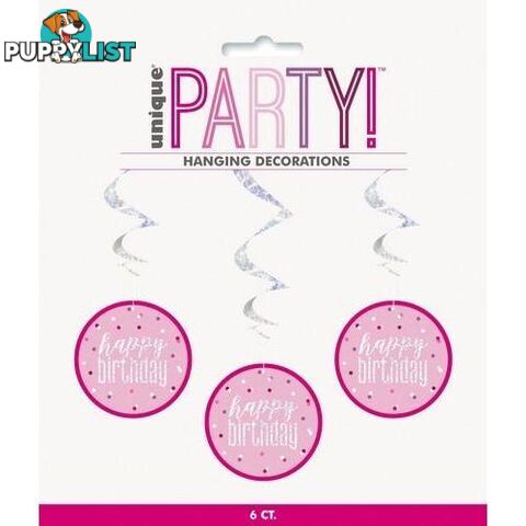 Pink 6 Prismatic Hanging Swirl Decorations 81cm (32) - Happy Birthday - 011179838066