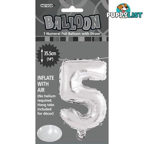 Silver 5 Numeral Foil Balloon 35cm (14) - 9311965428855