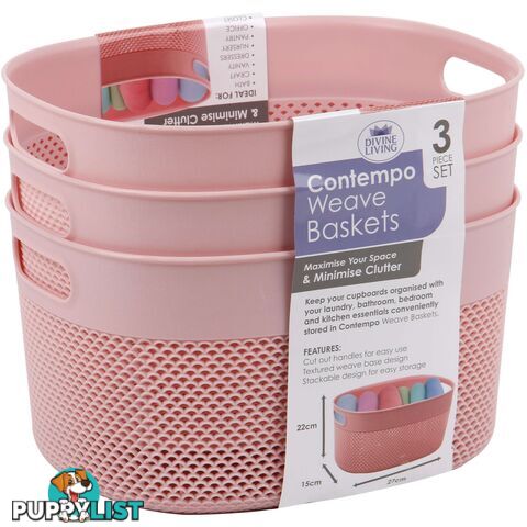 Contempo Plastic Storage Weave Baskets - 3 Pack Pink - 800113