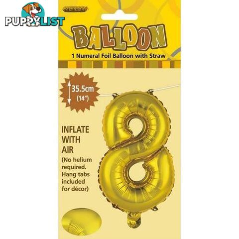 Gold 8 Numeral Foil Balloon 35cm (14) - 9311965428985