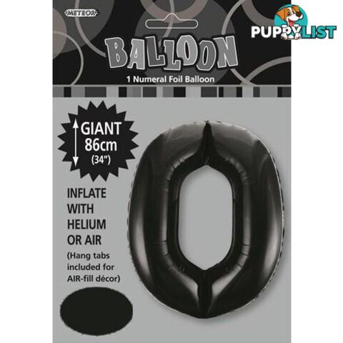 Black 0 Numeral Foil Balloon 86cm (34) - 9311965483007