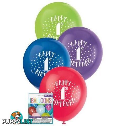 Happy 1st Birthday 8 x 30cm (12) Balloons - Assorted Colours - 011179549313