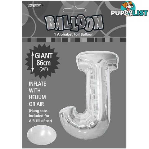 Silver J Alphabet Foil Balloon 86cm (34) - 9311965483496