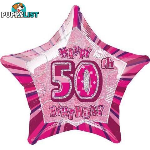 Glitz Pink 50th Birthday Star 50cm (20) Foil Balloon Packaged - 011179551132