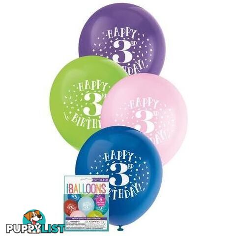 Happy 3rd Birthday 8 x 30cm (12) Balloons - Assorted Colours - 011179549337