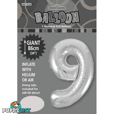 Silver 9 Numeral Foil Balloon 86cm (34) - 9311965482994