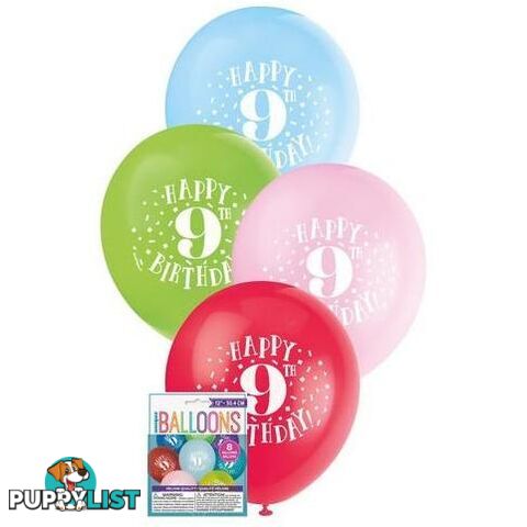 Happy 9th Birthday 8 x 30cm (12) Balloons - Assorted Colours - 011179549399