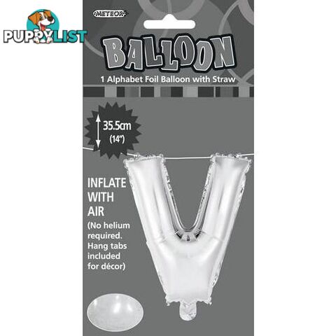 Silver V Alphabet Foil Balloon 35cm (14) - 9311965447016