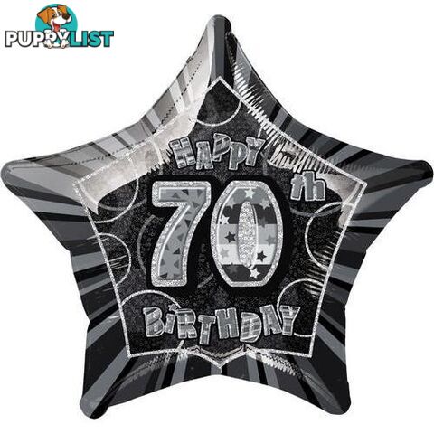 Glitz Black And Silver 70th Birthday Star 50cm (20) Foil Balloon Packaged - 011179551590