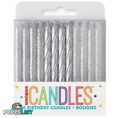 24 Silver & Silver Glitter Assorted Spiral Candles - 011179199754