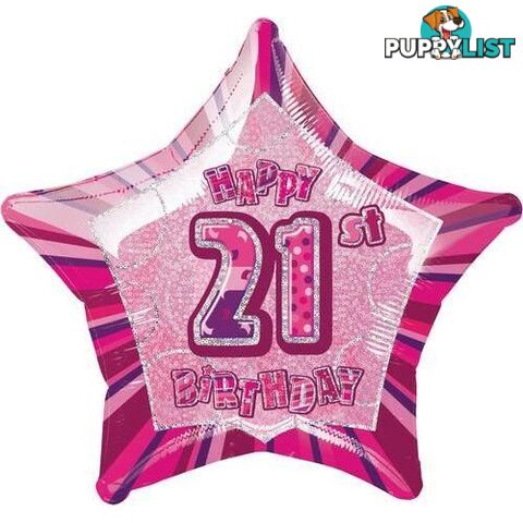 Glitz Pink 21st Birthday Star 50cm (20) Foil Balloon Packaged - 011179551071