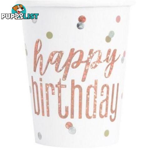 Rose Gold Happy Birthday 8 x 270mL (9oz) Prismatic Paper Cups - 011179848959